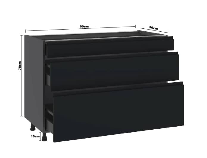 Meuble bas de cuisine Tokyo noir de 3 tiroirs