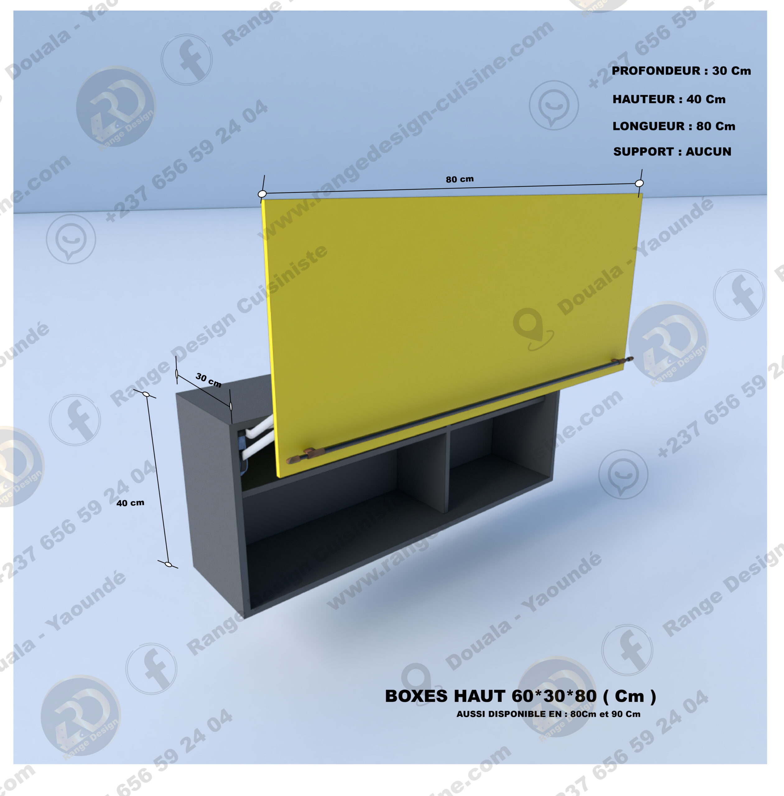 Meuble de cuisine haut sous hotte jaune/rouge laqué 1 porte 1 étagère