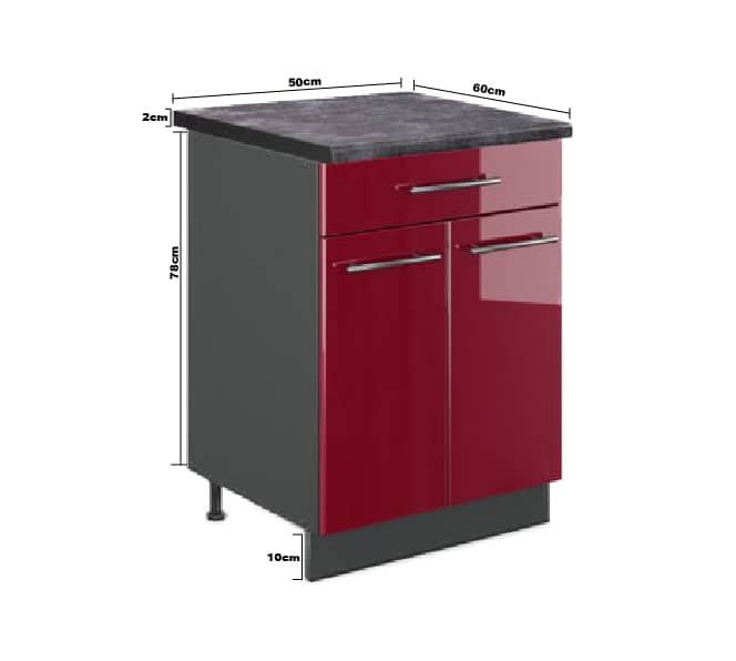 Meuble bas de cuisine Vicco Fame-Line, couleur rouge bordeaux haute brillance et anthracite